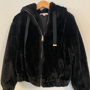 Black Faux fur women’s hooded bomber zip jacket